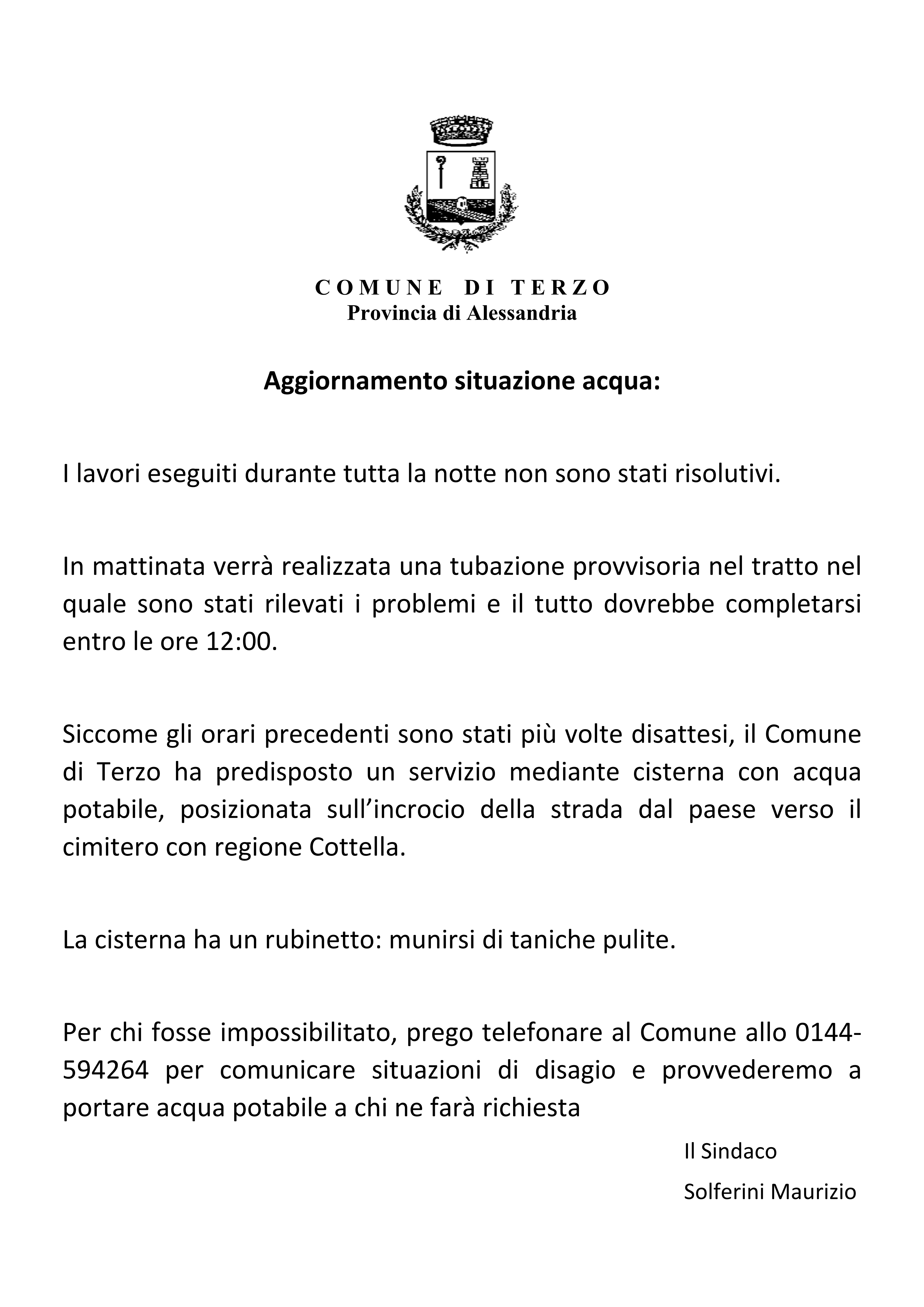 Aggiornamento situazione acqua