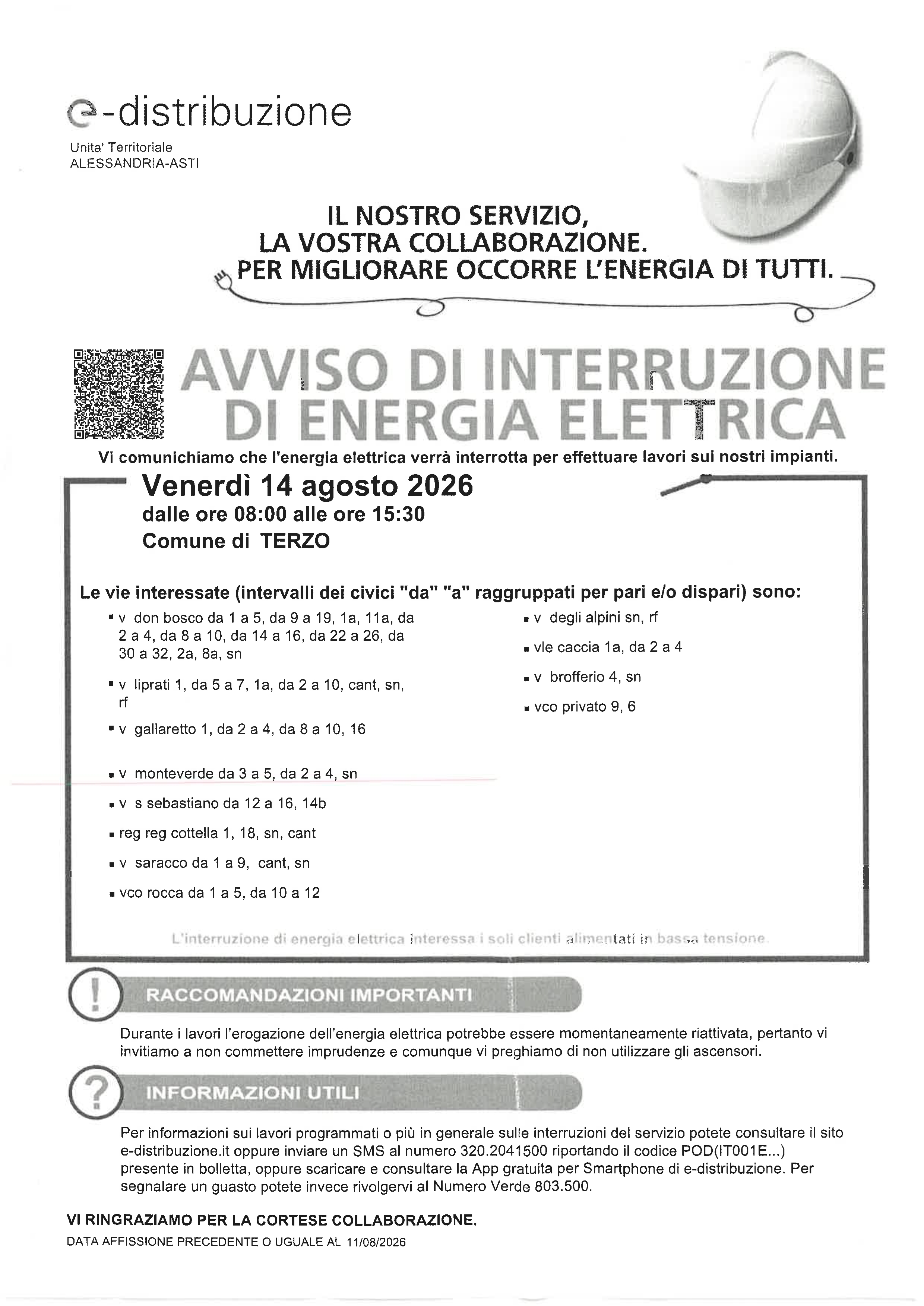 Venerdì 14 agosto - Avviso interruzione energia elettrica nelle vie interessate