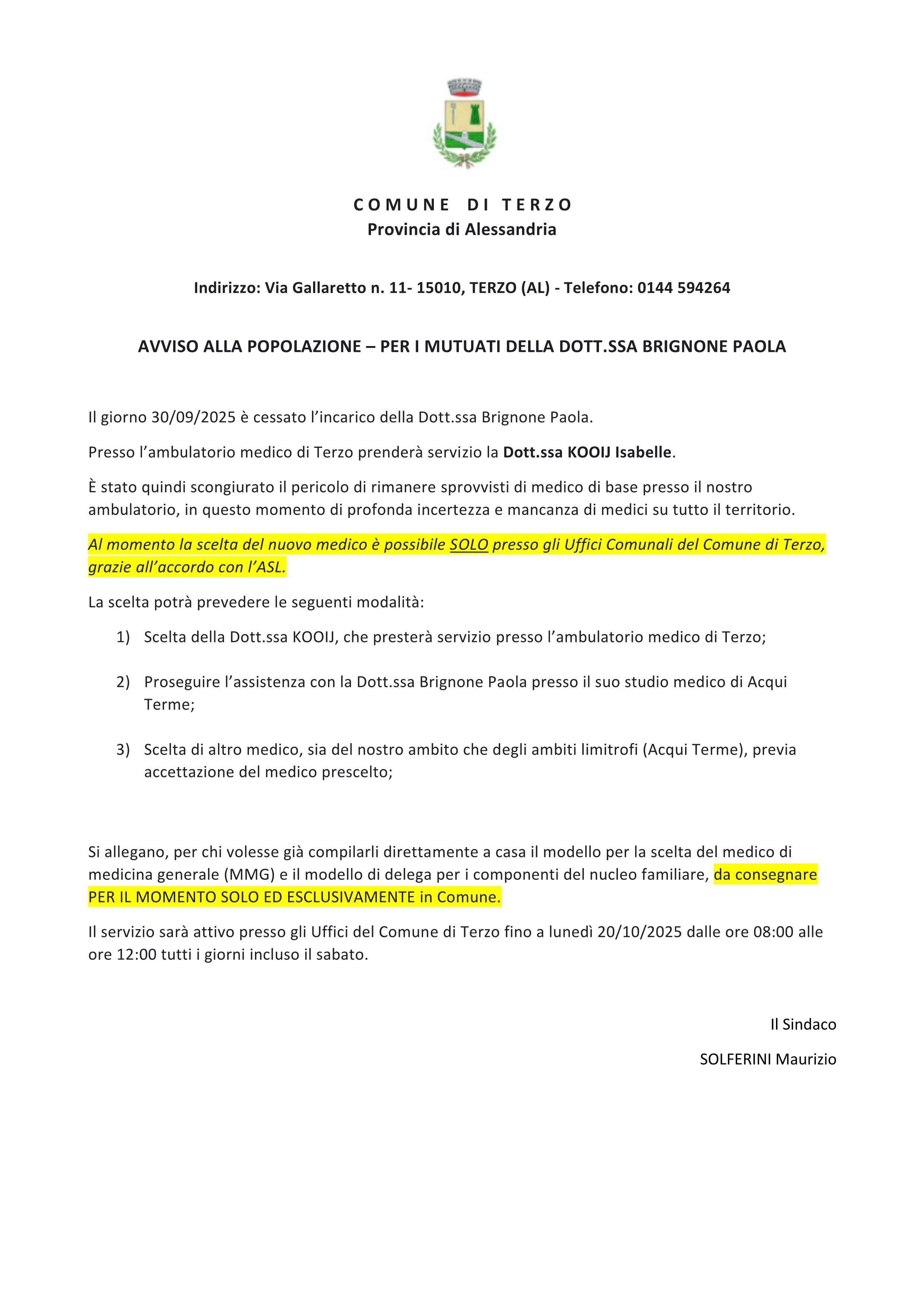 Avviso alla popolazione per i mutuati della dott.ssa Brignone